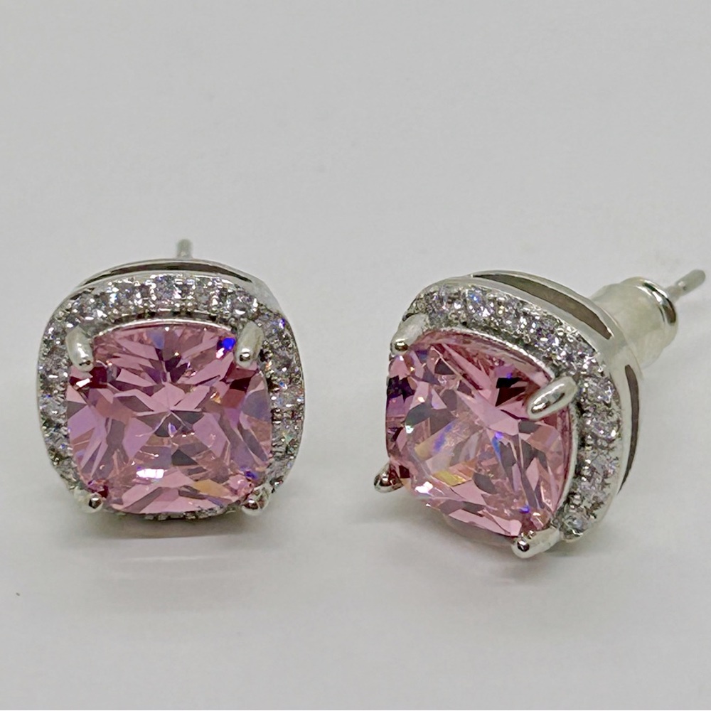 Pink Sapphire Silver Stud Earrings - Picture 3 of 5